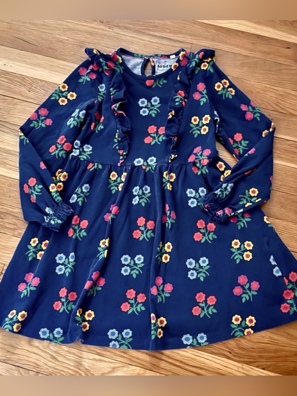 Mini Boden 7-8Y Long Sleeve Ruffle Front Navy Floral Print Dress